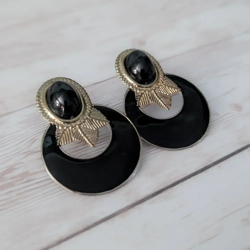 Vintage Clip On Earrings Very Large Statement Black Stylish - Just Under 2